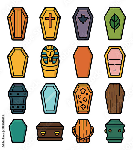 Coffin Styles modern flat style . classic wooden coffin, cross-adorned coffin, gothic coffin, eco coffin, hexagonal coffin, sarcophagus, minimalist coffin, padded coffin