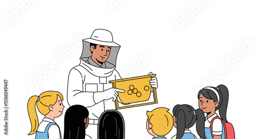  Beekeeper teaching group of children about honeycomb indoors