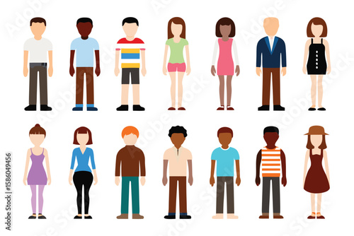 Diverse Group of People in Casual Attire: A vector illustration showcasing a diverse group of people in casual attire, each with a unique appearance. The image underscores themes of diversity, unity.