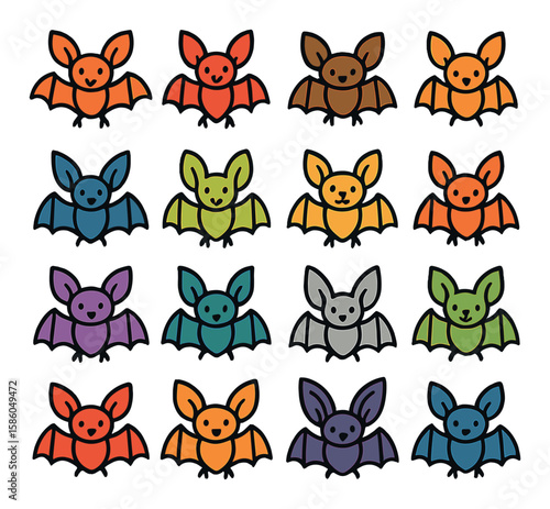 Bat Species Lineup modern flat style . fruit bat, vampire bat, big brown bat, little brown bat, flying fox, horseshoe bat, spectacled bat, pipistrelle, megabat, microbat