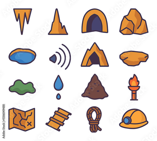 Bat Cave Elements modern flat style . stalactite, stalagmite, cave opening, rocky wall, cave pool, echo lines, cave entrance, cave floor, moss patch, dripping water, bat