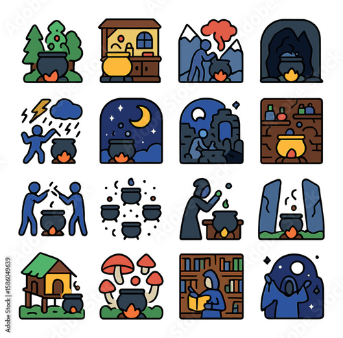 Potion Making Scenes modern flat style . forest brewing, cottage kitchen, mountain ritual, cave boiling, stormy spell, night under moon, haunted ruins, cellar lab
