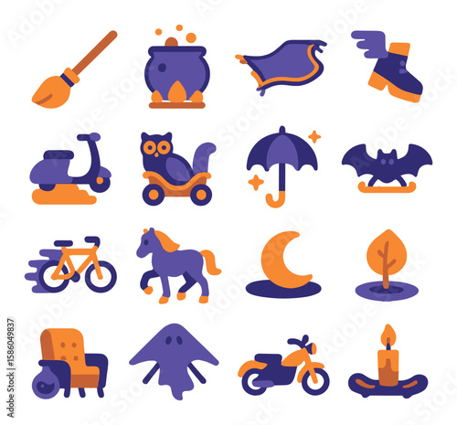 Witch Transportation Tools modern flat style . broomstick, flying cauldron, magic carpet, winged boots, cloud scooter, owl chariot, enchanted umbrella, bat sled, spectral