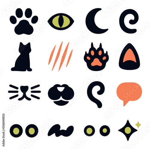 Black Cat Symbols modern flat style . paw print, cat eye, crescent moon, tail spiral, feline silhouette, scratching mark, cat claw, ear shape, whisker lines, nose outline