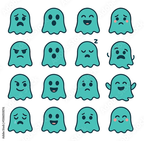 Ghost Emotions modern flat style . scared ghost, sad ghost, laughing ghost, shy ghost, angry ghost, surprised ghost, sleepy ghost, confused ghost, sneaky ghost, winking