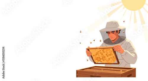 Beekeeper examining honeycomb frame under sunny sky outdoors