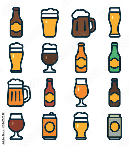 Beer Styles modern flat style . lager bottle, IPA pint, stout mug, pilsner flute, wheat glass, porter glass, amber ale bottle, saison bottle, pale ale mug, bock bottle