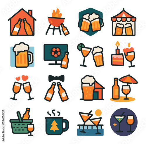 Drinking Occasions modern flat style . house party, BBQ, pub night, beer festival, Oktoberfest, sports bar, happy hour, birthday toast, wedding cheers, bachelor party