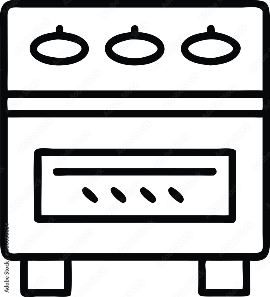 Fototapeta premium Simple line drawing illustration of stove with oven and three knobs