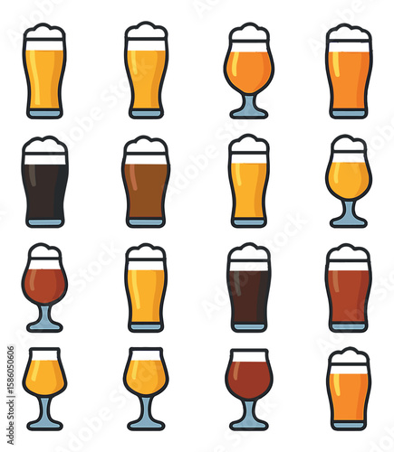 Beer Styles modern flat style . lager, pilsner, IPA, pale ale, stout, porter, wheat beer, saison, bock, kölsch, dunkel, amber ale, sour, tripel, dubbel, session ale.