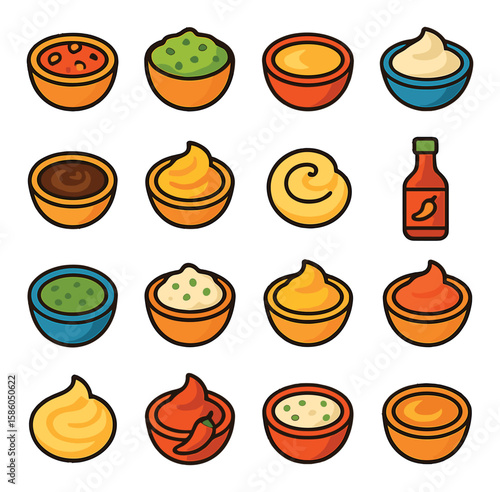 Beer Snacks & Dips & Sauces modern flat style . salsa bowl, guacamole, cheese dip, sour cream, barbecue sauce, mustard dip, aioli swirl, hot sauce bottle, pesto dip