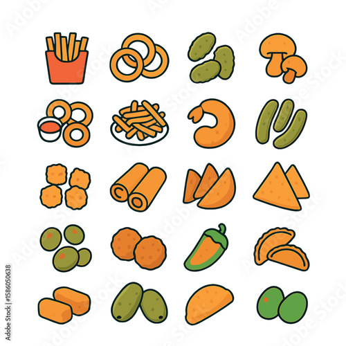 Beer Snacks & Fried Foods modern flat style . french fries, onion rings, fried pickles, fried mushrooms, calamari rings, cheese fries, battered shrimp, fried zucchini