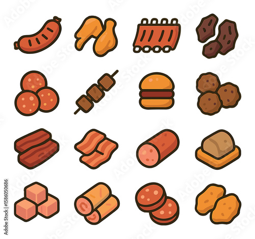 Beer Snacks & Meaty Treats modern flat style . grilled sausage, chicken wings, pork ribs, beef jerky, meatballs, pepperoni slices, skewered meat, mini burgers, brisket