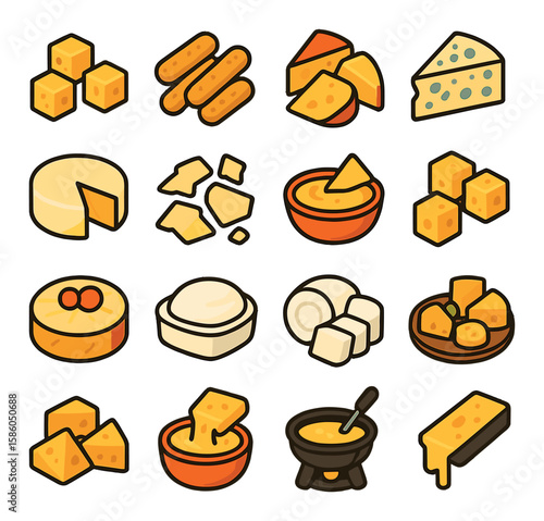 Beer Snacks & Cheese Delights modern flat style . cheddar cubes, mozzarella sticks, gouda slices, blue cheese wedge, camembert round, parmesan flakes, cheese dip, swiss