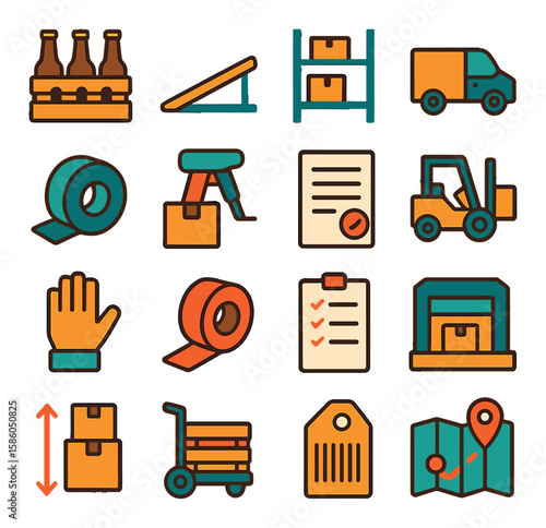 Beer Case & Logistics modern flat style . beer case, loading ramp, warehouse shelf, delivery van, packaging strap, box scanner, manifest sheet, forklift icon, worker