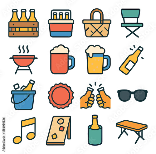 0Beer Case & Consumption Scenes modern flat style . beer case, party cooler, picnic basket, folding chair, BBQ grill, campfire mug, drinking cup, open bottle, ice bucket