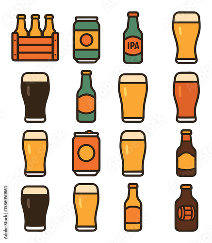 Beer Case & Beer Types modern flat style . beer case, lager can, IPA bottle, wheat beer, stout glass, pilsner bottle, pale ale, amber beer, session beer, craft can, light