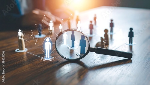 Business people, magnifying glass, network