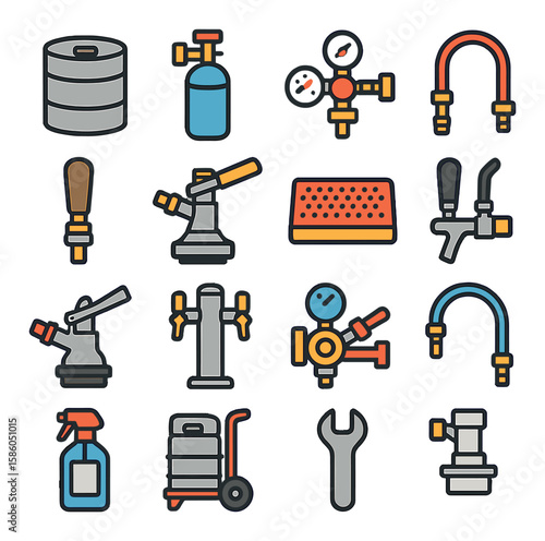 Beer Keg & Draft Equipment modern flat style . beer keg, CO2 tank, pressure regulator, beer line, tap handle, coupler, drip tray, faucet, keg coupler, beer tower, flow