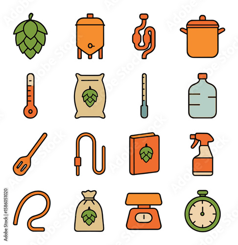 Hops & Home Brewing modern flat style . hops, fermenter, airlock, brew kettle, thermometer, grain bag, hydrometer, glass carboy, mash spoon, siphon, brew book, sanitizer