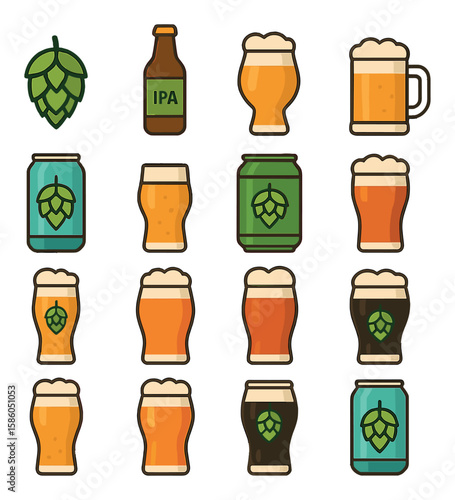 Hops & Beer Styles modern flat style . hops, IPA bottle, double IPA glass, pale ale mug, hazy IPA can, session IPA, dry-hopped keg, imperial pint, hop lager, NEIPA, red