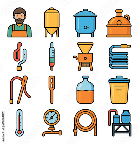 Brewers & Brewing Gear modern flat style . brewers, Fermentation tank, Mash tun, Copper kettle, Airlock, Hydrometer, Grain mill, Wort chiller, Siphon tube, Paddle, Carboy