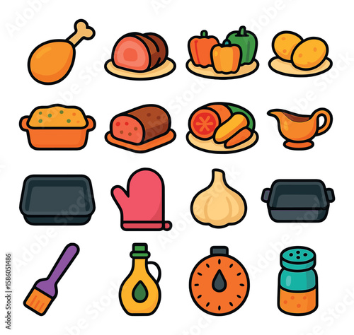 Oven-Baked Dishes modern flat style . Chicken leg, Roast beef, Stuffed peppers, Baked potatoes, Casserole dish, Meatloaf slice, Roasted vegetables, Gravy boat, Baking