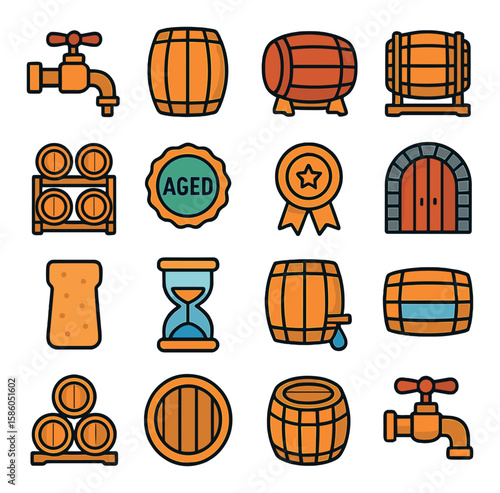 Barrel Tap & Alcohol Storage modern flat style . Barrel tap, Oak barrel, Wine cask, Whiskey barrel, Rum barrel, Storage rack, Aged label, Cask seal, Wine cellar, Cork