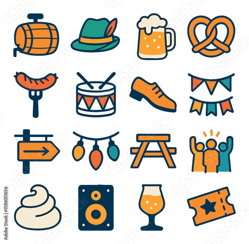 Barrel Tap & Festive Beers modern flat style . Barrel tap, Oktoberfest hat, Beer mug, Pretzel, Sausage, Folk drum, Dance shoe, Festival flag, Wooden sign, Party light