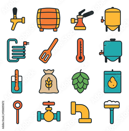 Barrel Tap & Brewing Tools modern flat style . Barrel tap, Wooden barrel, Keg coupler, Fermentation tank, Wort cooler, Brewing paddle, Thermometer, Mash tun, Hydrometer