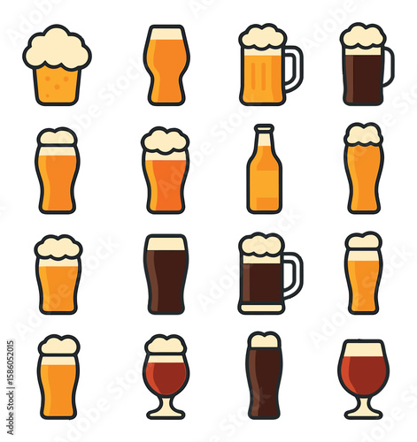 Beer Foam & Beer Types modern flat style . Beer foam, IPA glass, Lager mug, Stout pint, Wheat beer, Amber ale, Pilsner, Saison bottle, Pale ale, Nitro beer, Porter mug