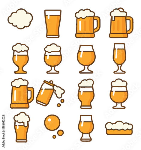 Beer Foam & Beer Glasses modern flat style . Beer foam, Pint glass, Mug, Stein, Tulip glass, Goblet, Snifter, Flute, Pilsner glass, Tankard, Can pour, Foam head, Tasting