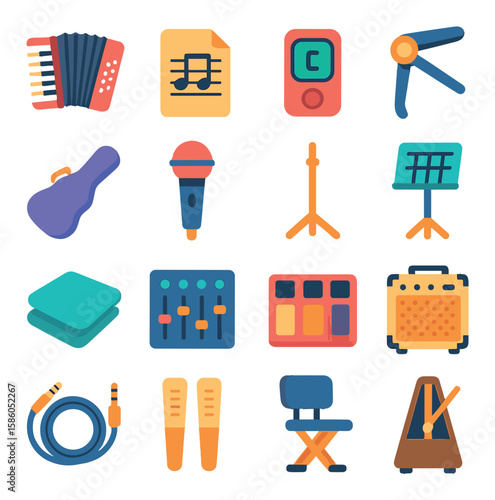 Accordion & Music Accessories modern flat style . Accordion, Sheet music, Tuner, Capo, Instrument case, Microphone, Stand, Music stand, Cleaning cloth, Sound mixer, Pedal
