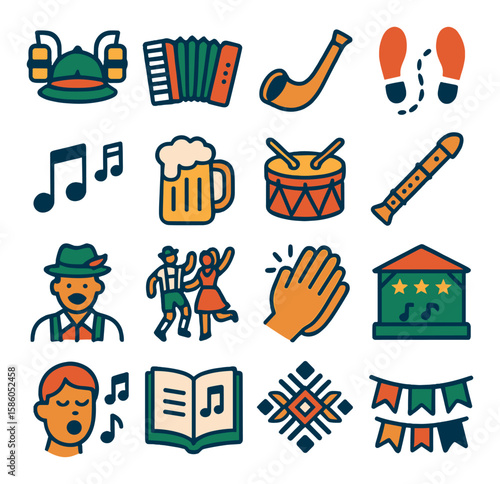 Beer Hat & German Folk Culture modern flat style . Beer hat, Accordion, Alpine horn, Dance steps, Music notes, Beer stein, Folk drum, Wooden flute, Folk singer, Group