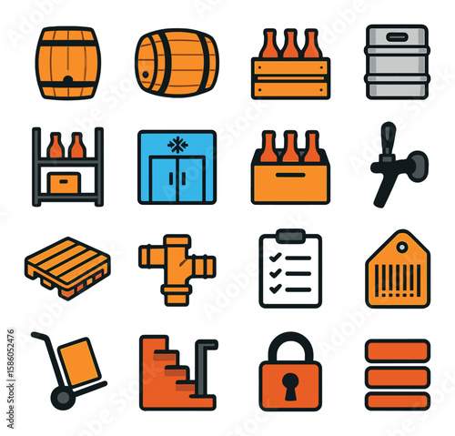 Beer Barrel & Storage Symbols modern flat style . Beer barrel, Wine barrel, Wooden crate, Metal keg, Storage rack, Cold room, Beer box, Tap head, Pallet, Hose connector
