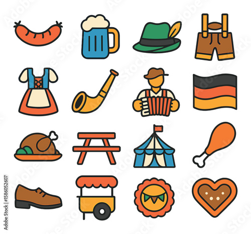 Sausage & German Traditions modern flat style . Sausage, Beer stein, Bavarian hat, Lederhosen, Dirndl, Alpine horn, Folk music icon, German flag, Roast platter, Wooden