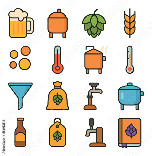 Beer Mug & Brewing Tools modern flat style . Beer mug, Fermentation tank, Hops, Barley, Yeast, Thermometer, Brewing kettle, Hydrometer, Funnel, Stirring paddle, Grain bag