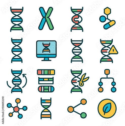 Biology & Genetics modern flat style . DNA strand, Chromosome, Gene, Nucleotide, Helix model, Genome, RNA strand, Mutation icon, DNA replication, Genetic code, CRISPR