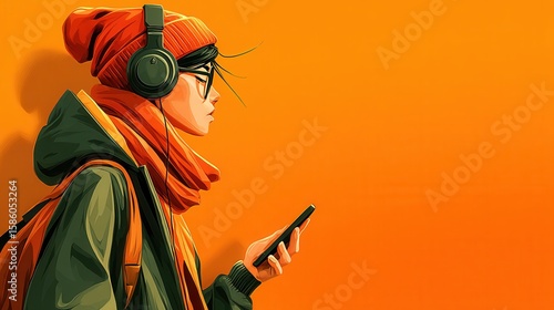 Headphones, happy and man with phone in studio listening to music, playlist or album on mobile app. Portrait, audio tech and person with cellphone for streaming song online