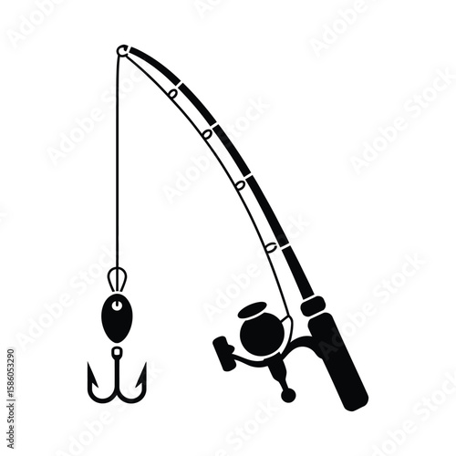 Silhouette of fishing rod and bait in black and white vector isolated for angling and outdoor activity design