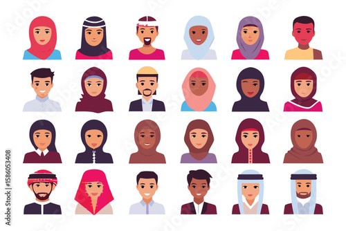 Diverse Arab/Middle Eastern Faces: A collection of diverse avatars representing the Arab/Middle Eastern population, showcasing various ethnicities, genders, and attire.