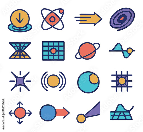 Astronomy & Physics Concepts modern flat style . Gravity, Orbit lines, Light speed, Black hole, Wormhole, Spacetime grid, Relativity icon, Particle wave, Dark energy
