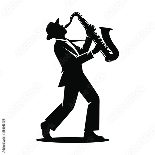 Silhouette of jazz saxophonist playing on stage vector isolated on white background