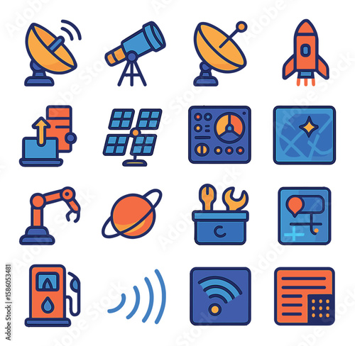 Astronomy & Space Technology modern flat style . Radar dish, Telescope lens, Satellite dish, Rocket thruster, Data uplink, Solar array, Space control panel, Navigation