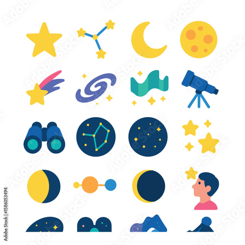 Astronomy & Night Sky Elements modern flat style . Star, Constellation, Crescent moon, Full moon, Shooting star, Milky Way, Northern lights, Telescope, Binoculars, Sky