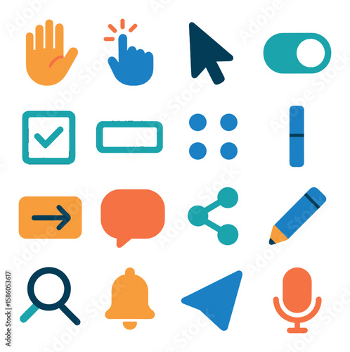 Hand Raise & User Interface Actions modern flat style . Hand raise, Click icon, Cursor arrow, Toggle switch, Checkbox, Text input, Drag icon, Scroll bar, Submit icon