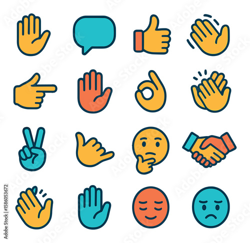Hand Raise & Communication Cues modern flat style . Hand raise, Speech bubble, Thumbs up, Wave hand, Pointing finger, Stop hand, Okay sign, Clapping hands, Peace sign