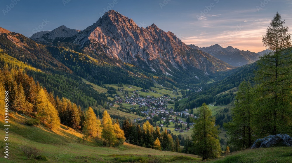 Fototapeta premium Ultra quality image of golden hour over Filzmoos, showcasing the serene valley, alpine larch trees, and majestic mountain range.