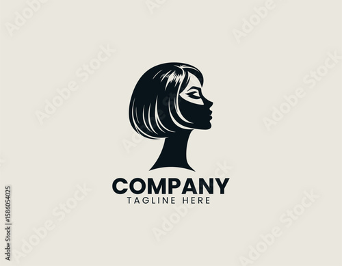 Elegant Woman Profile Bob Haircut Red Lips Beauty Fashion Vector Logo Design