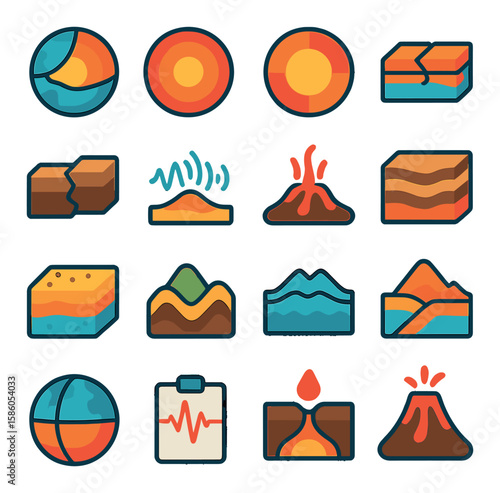 Geography & Earth Structure modern flat style . Crust, Mantle, Core, Tectonic plate, Fault line, Earthquake waves, Lava, Rock layer, Sediment, Fold mountain, Oceanic